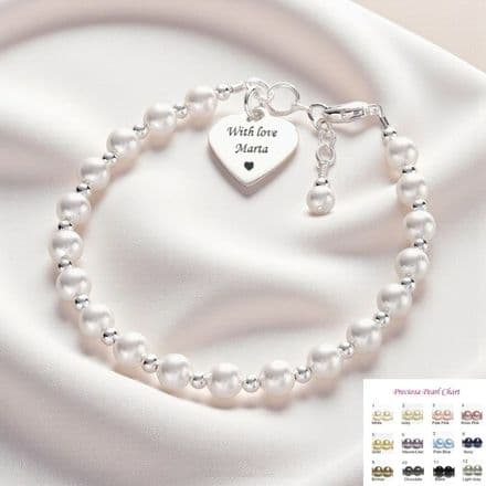 Engraved Heart Pearl & Stg Silver Bracelet