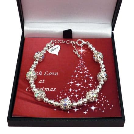 Engraved Heart Personalised Silver Beads Bracelet for Christmas