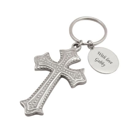 Engraved Large Cross Keyring with Engraving, Catholic, Christian Gift