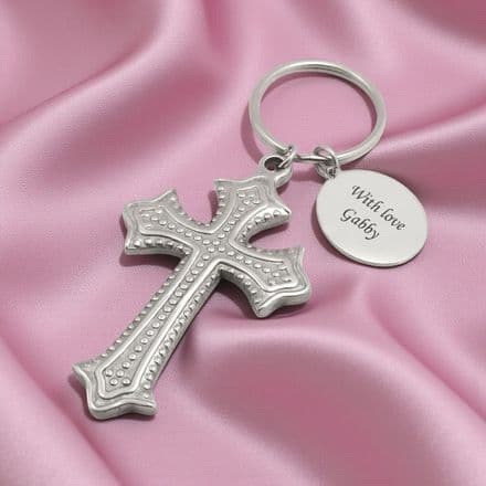 Engraved Large Cross Keyring with Engraving, Catholic, Christian Gift