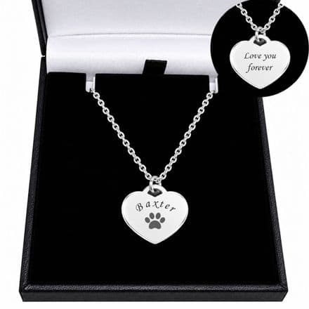 Engraved Paw Heart Necklace, Pet Loss or Sympathy Gift, Silver Steel