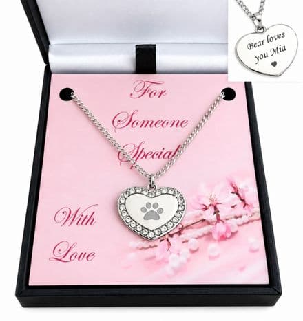 Engraved Paw on Heart Necklace