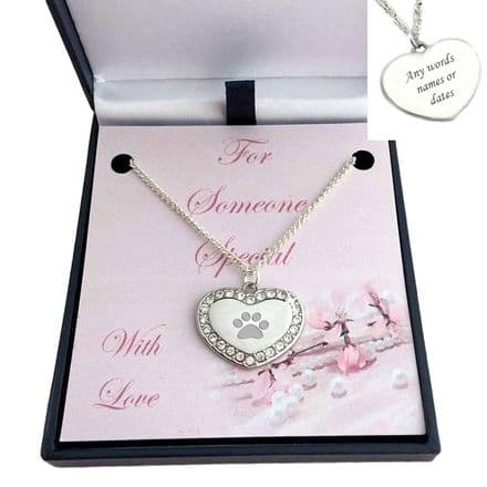 Engraved Paw on Heart Necklace