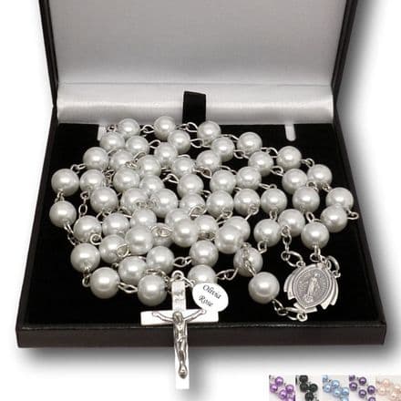 Engraved, Pearl Rosary Beads with 925 Sterling Silver Mary Centre and Crucifix