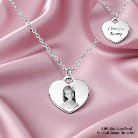 Engraved Photo Image Heart Necklace, Personalised with Engraving