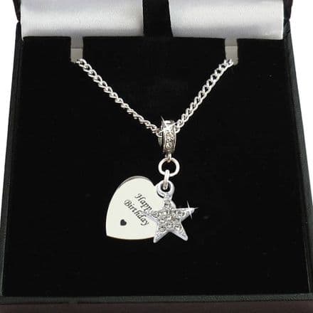 Engraved Silver Heart &  Star Necklace, Gift Boxed.