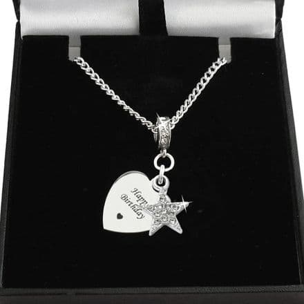 Engraved Silver Heart & Star Necklace, Gift Boxed.