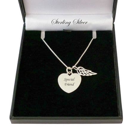 Engraved Silver Heart with Angel Wing Necklace