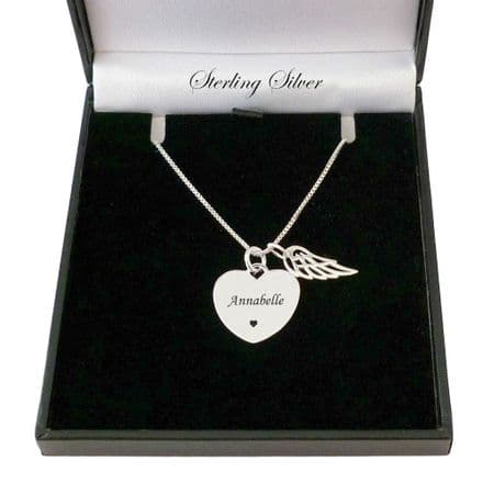 Engraved Silver Heart with Angel Wing Necklace