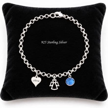 Engraved Sterling Silver Rolo Chain, Heart, Birthstone and Angel Bracelet