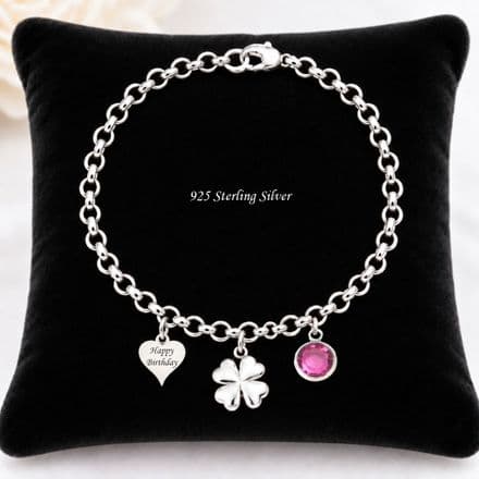 Engraved Sterling Silver Rolo Chain, Heart, Birthstone and Clover Bracelet