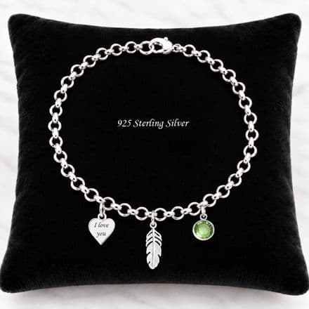 Engraved Sterling Silver Rolo Chain, Heart, Birthstone and Feather Bracelet