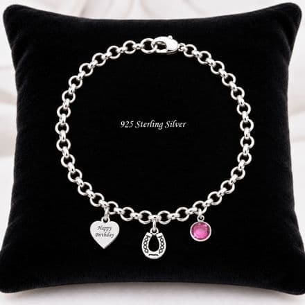 Engraved Sterling Silver Rolo Chain, Heart, Birthstone and Horseshoe Bracelet