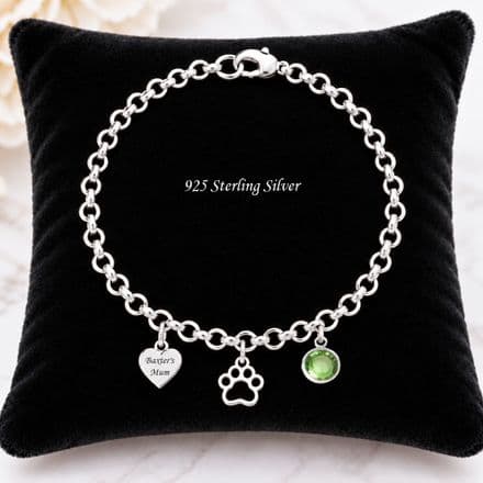Engraved Sterling Silver Rolo Chain, Heart, Birthstone and Paw Bracelet
