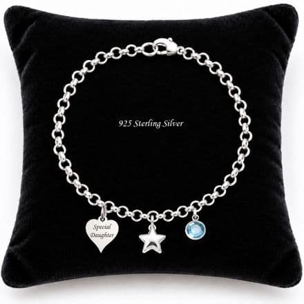 Engraved Sterling Silver Rolo Chain, Heart, Birthstone and Star Bracelet
