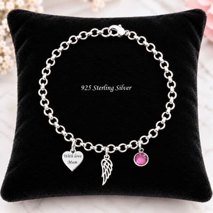 Engraved Sterling Silver Rolo Chain, Heart, Birthstone and Wing Bracelet