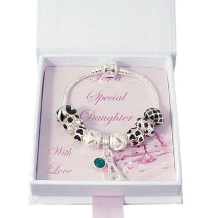European Style Bracelet in Black with Letter and Birthstone