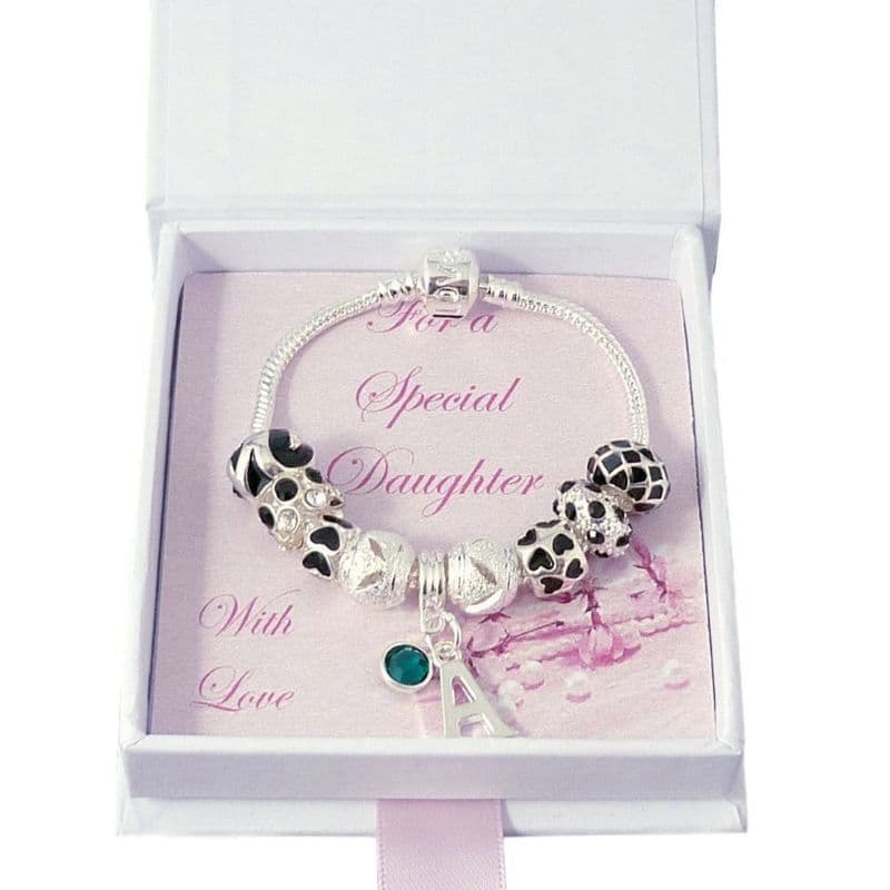 European Style Bracelet in Black with Letter and Birthstone | Jewels 4 Girls