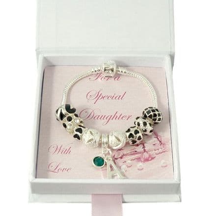 European Style Bracelet in Black with Letter and Birthstone