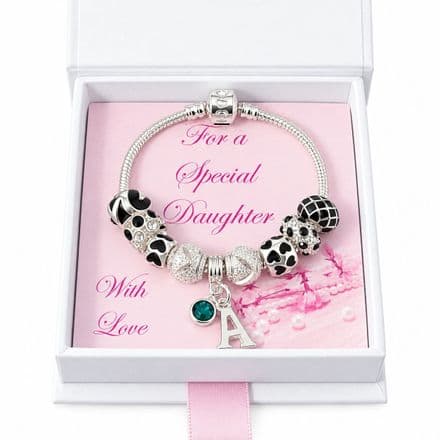 European Style Bracelet in Black with Letter and Birthstone