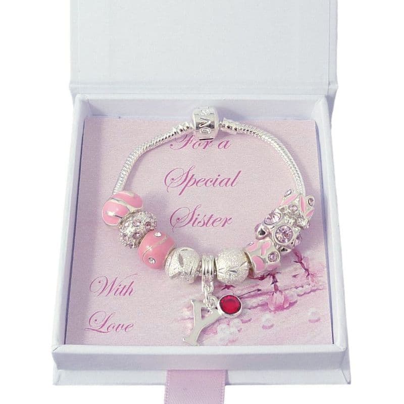 European Style Bracelet in Pink with Letter and Birthstone | Jewels 4 Girls