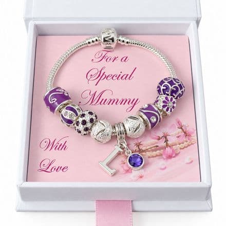 European Style Bracelet in Purple with Letter and Birthstone