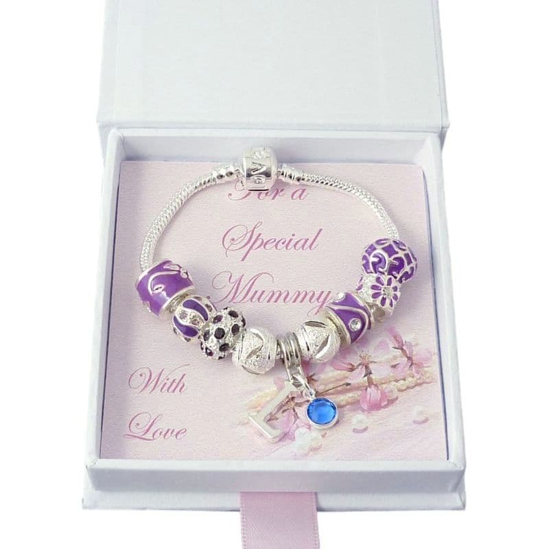 European Style Bracelet in Purple with Letter and Birthstone | Jewels 4 Girls