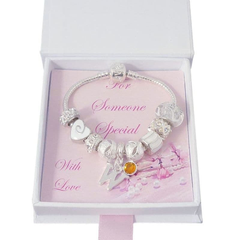 European Style Bracelet in White with Letter and Birthstone | Jewels 4 Girls