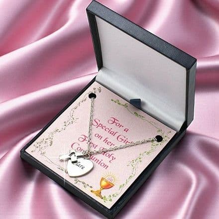 First Communion Necklace with Cross and Engraved Heart
