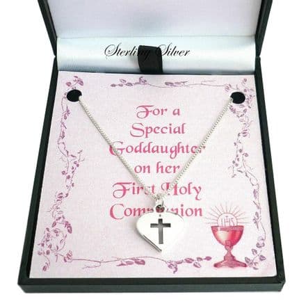 First Communion Necklace with Cross in Heart Pendant, Sterling Silver