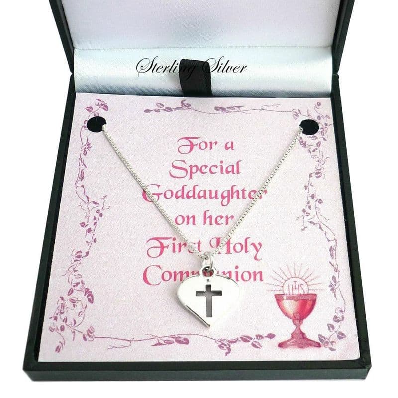 First Communion Necklace with Cross in Heart Pendant, Sterling Silver | Jewels 4 Girls
