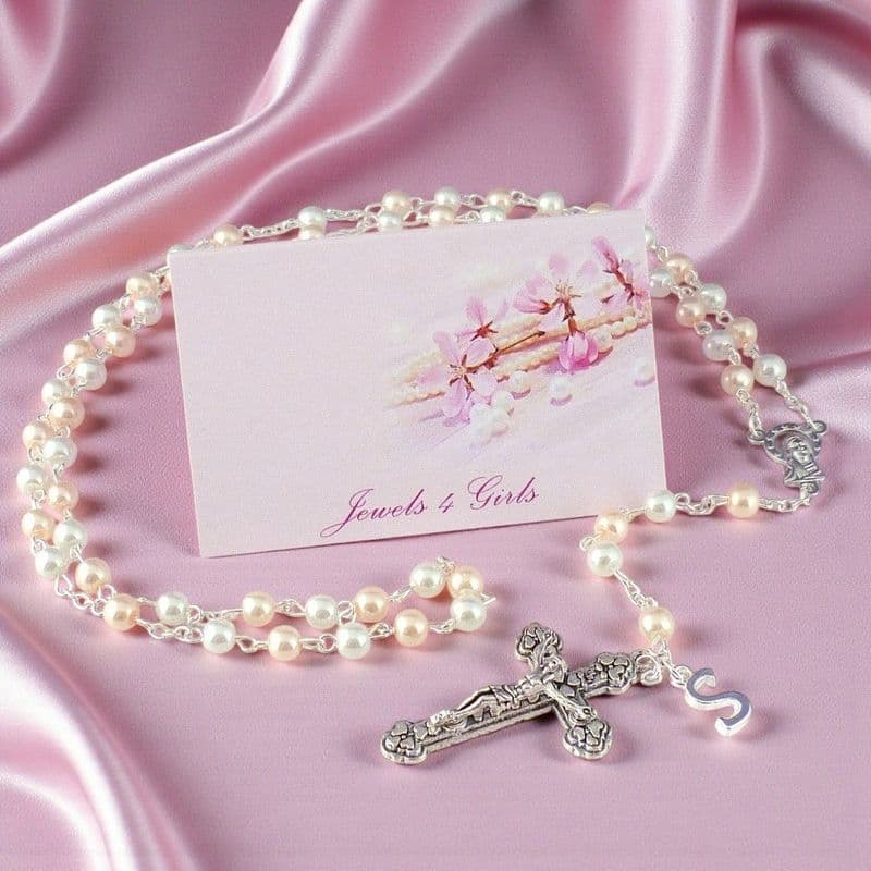 First Communion Rosary Beads with Letter Charm, 6mm | Jewels 4 Girls