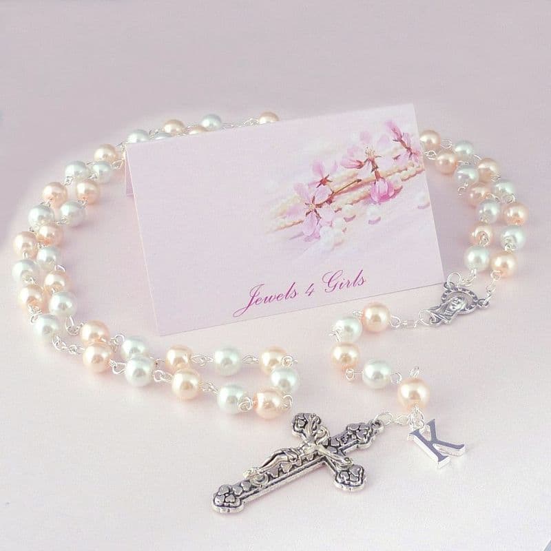 First Communion Rosary Beads with Letter Charm, 8mm | Jewels 4 Girls