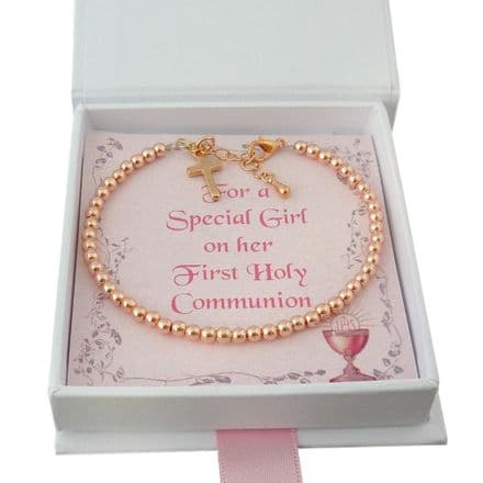 First Holy Communion Bracelet in Rose Gold with Cross Charm
