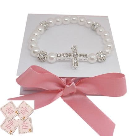 First Holy Communion Bracelet with Cross and Crystals, Gift Boxed