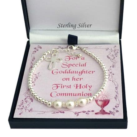 First Holy Communion Bracelet with Sterling Silver Beads and Pearls