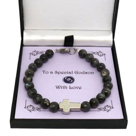 First Holy Communion Cross Bracelet for a Boy, Black Grey Labradorite Gemstones