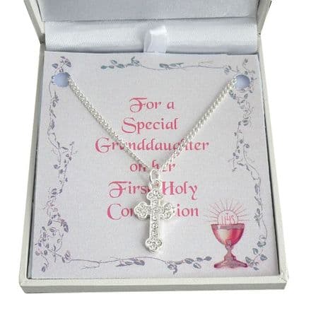 First Holy Communion Cross Necklace with Card Choice