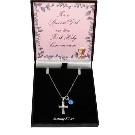 First Holy Communion Day Gift, Birthstone & Cross Necklace. 925 Sterling Silver