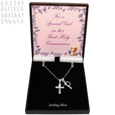 First Holy Communion Day Gift, Cross and Sparkling Letter Necklace. 925 Sterling Silver