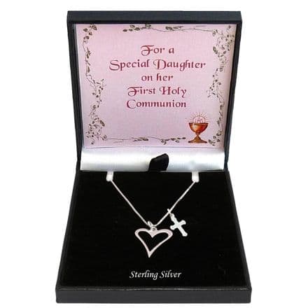 First Holy Communion Gift .925 Sterling Silver Cross and Heart Necklace