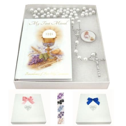 First Holy Communion Gift Set for Girl or Boy, Rosary, Missal, Optional Engraving