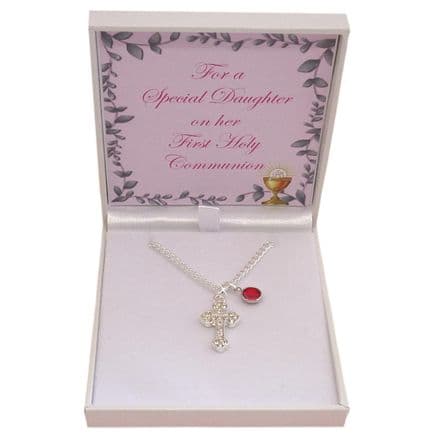 First Holy Communion Necklace, Cross, Birthstone & Card