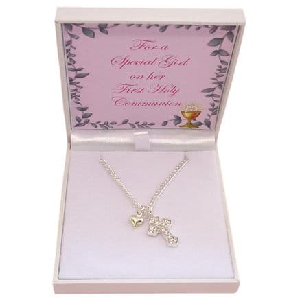 First Holy Communion Necklace, Cross, Heart & Card