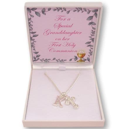 First Holy Communion Necklace, Cross, Initial & Card