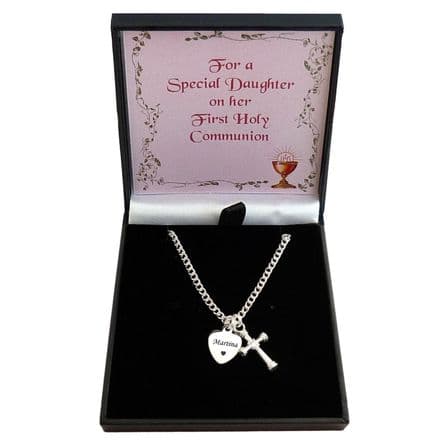 First Holy Communion Necklace with Cross and Engraving, Gift for a Girl