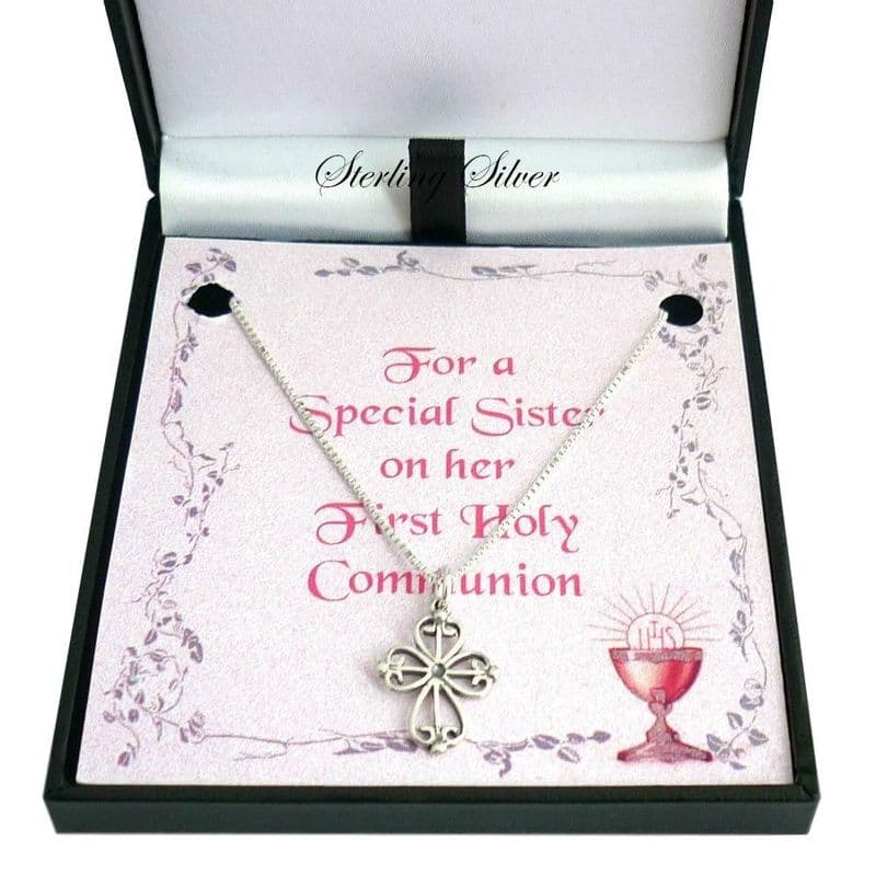 First Holy Communion Necklace with Ornate Cross, Sterling Silver | Jewels 4 Girls