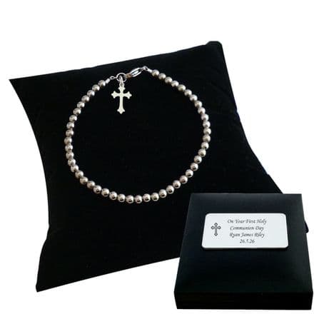 First Holy Communion, Steel Beads, Engraved, Bracelet with Cross