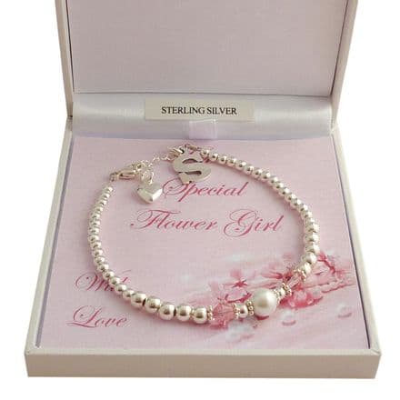Flower Girl, Bridesmaid Bracelet, Birthstones, Pearl & Letter Charm