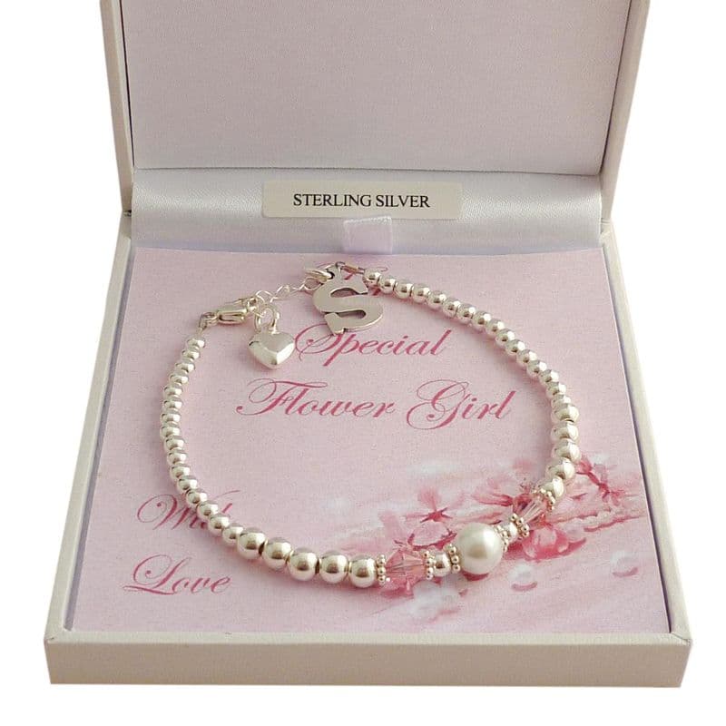 Flower Girl, Bridesmaid Bracelet, Birthstones, Pearl & Letter Charm| Jewels 4 Girls